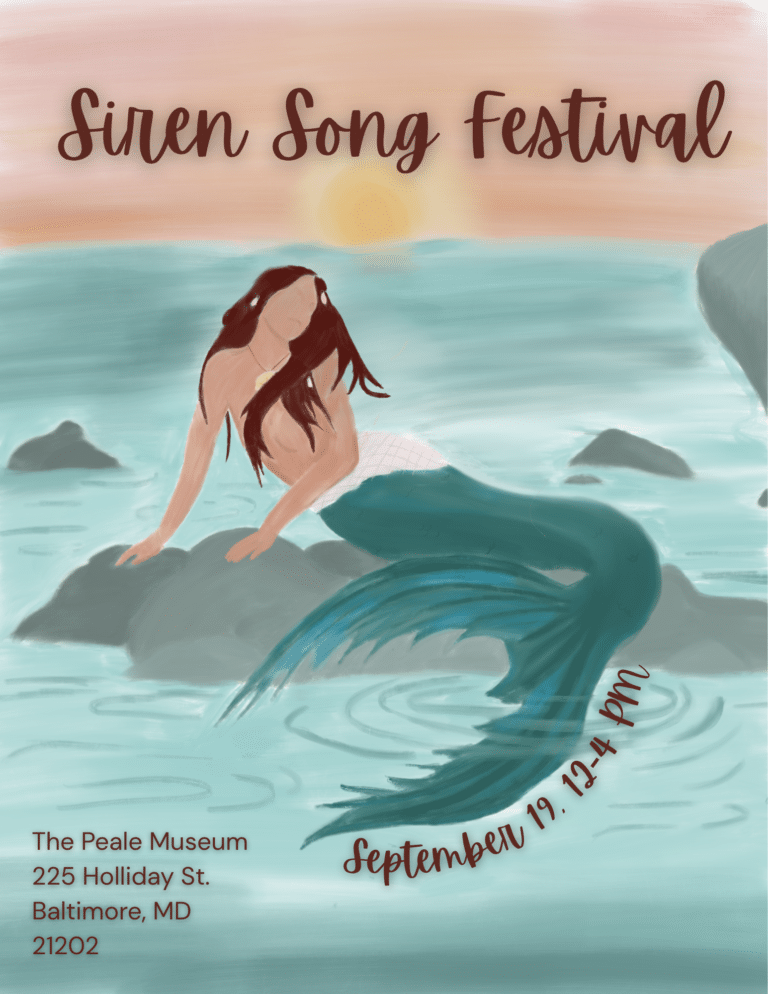 Event poster for Siren Song Festival showing a mermaid on rocks by the sea at sunset, with dates curved along the right and venue text at bottom.