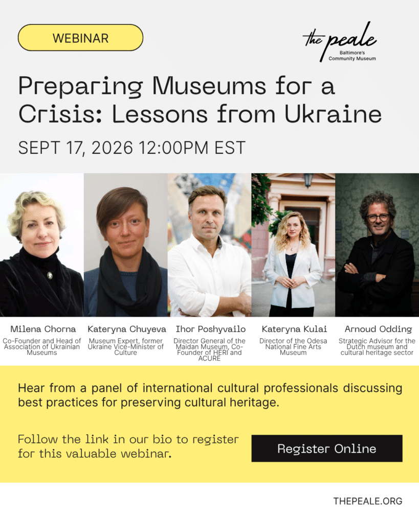 Poster for a webinar: 'Preparing Museums for a Crisis: Lessons from Ukraine' with five speakers and a 'Register Online' button.