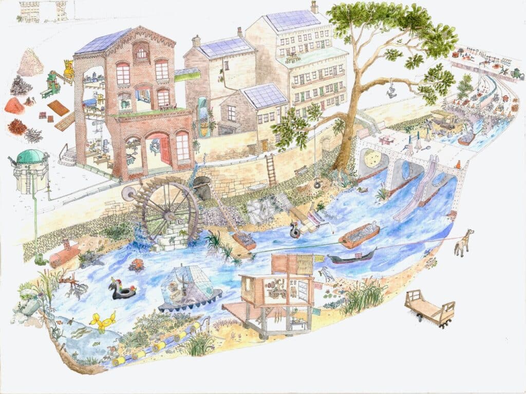 A sketch of a reimagined Baltimore city, with the Jones Falls River running through it. the sketch features water wheels, pedal boats, and greenery around the areas.
