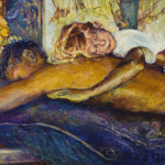 a deep and vibrant colored painting of a man laying face down on a whale with a woman in a white shirt draped overtop of him. The painting is titled "Jo, Jonah Floating on Jonah's Whale" by Jessica Damen.