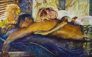 a deep and vibrant colored painting of a man laying face down on a whale with a woman in a white shirt draped overtop of him. The painting is titled "Jo, Jonah Floating on Jonah's Whale" by Jessica Damen.