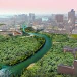 A digitally rendered image of Baltimore's landscape, reimagined featuring lush greenery and waterways in place of the existing Jones Falls Expressway.