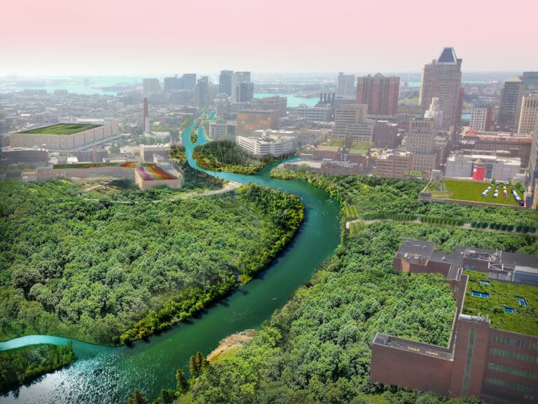 A digitally rendered image of Baltimore's landscape, reimagined featuring lush greenery and waterways in place of the existing Jones Falls Expressway.