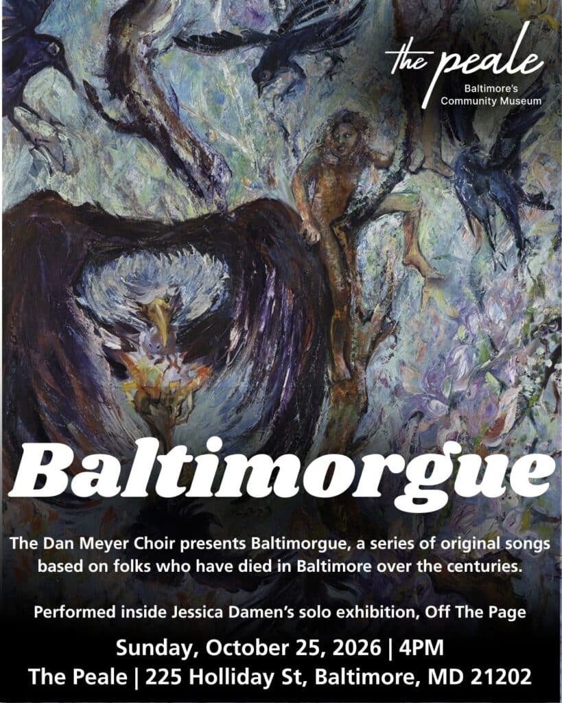 Baltimorgue flyer featuring Jessica Damen's artwork of ravens, and a female figure.