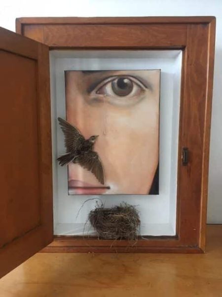 Photorealistic painting of the right side of a womans face. the portrait is placed within a box frame with a small bird skin and preserved birds nest.